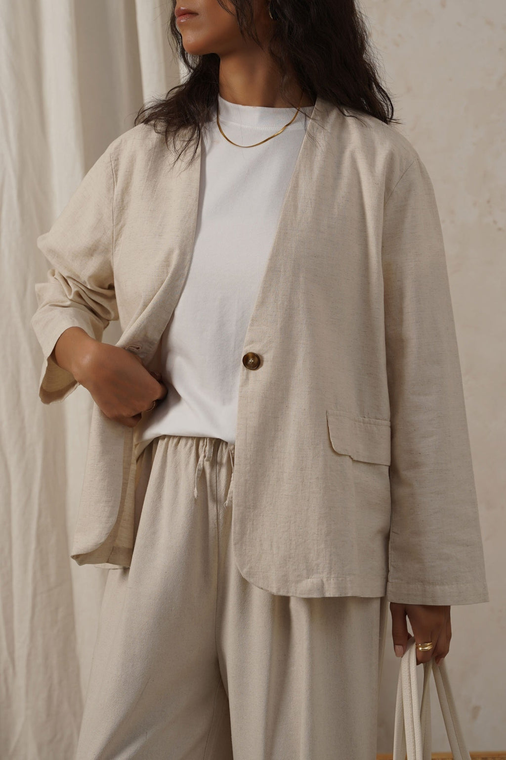 Collarless Beige Jilpop Linen Blazer