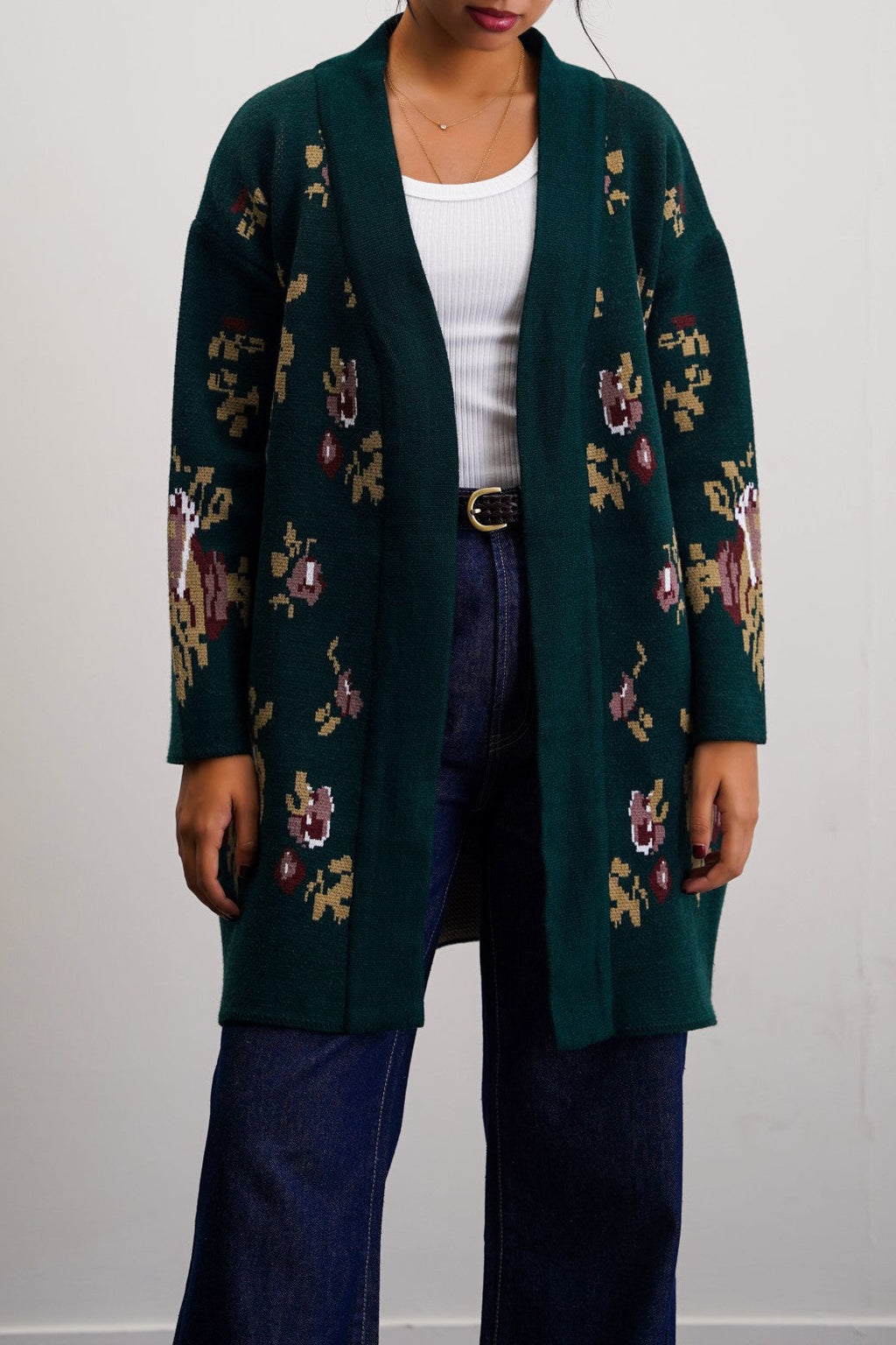 Roses Dark Green Jilpop Jacquard Cardigan