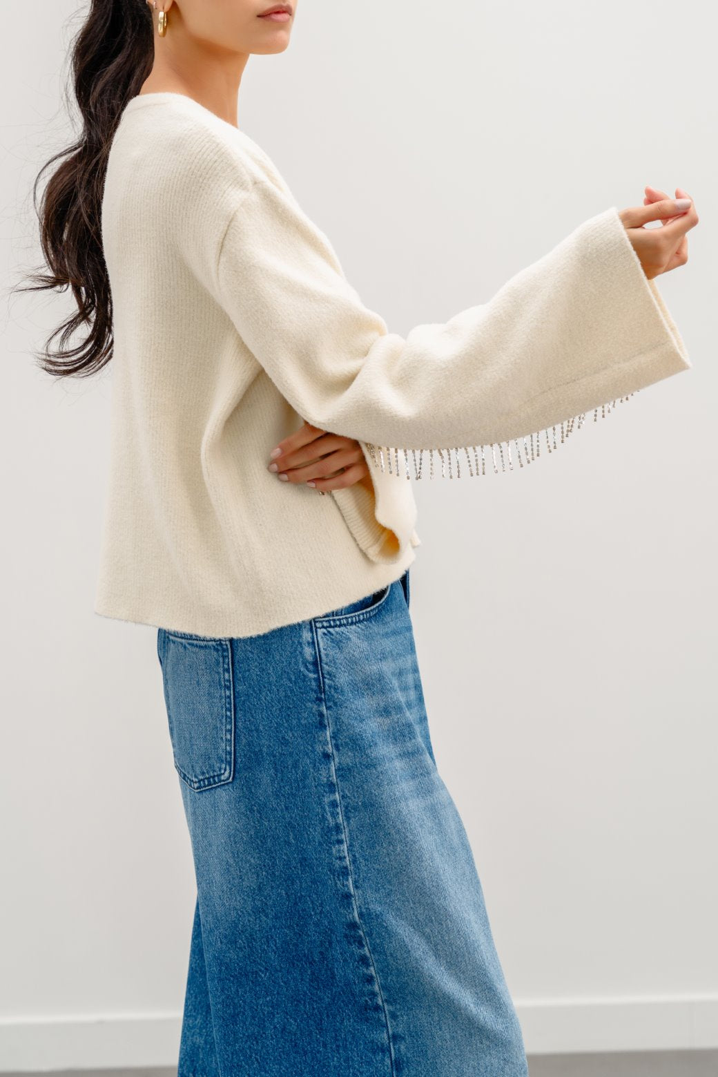 Rhinestone Cream Jilpop Fringe Jumper