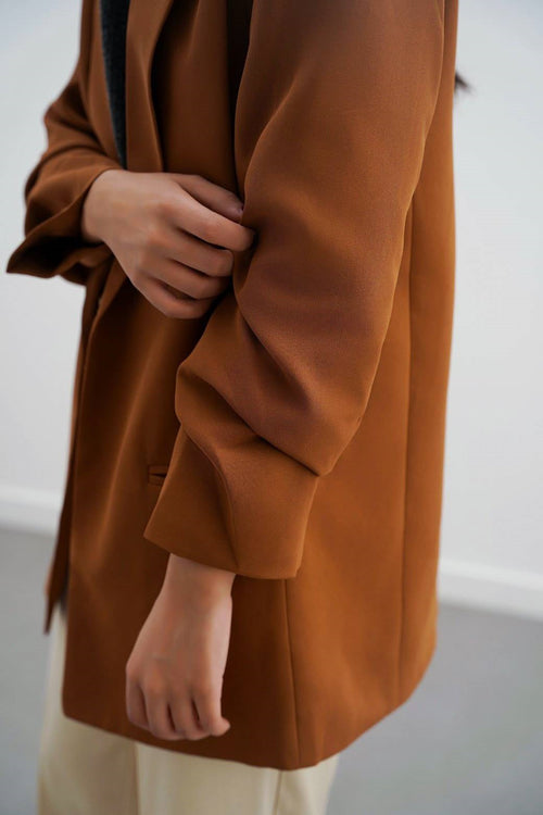 Basic Brown Jilpop Blazer With Ruched Sleeve