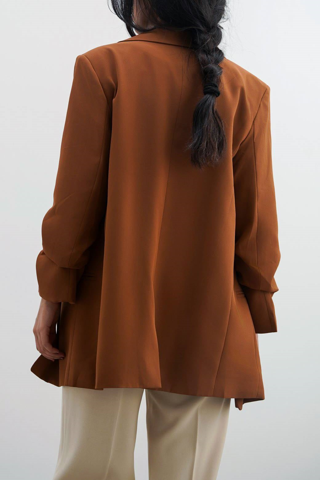 Basic Brown Jilpop Blazer With Ruched Sleeve