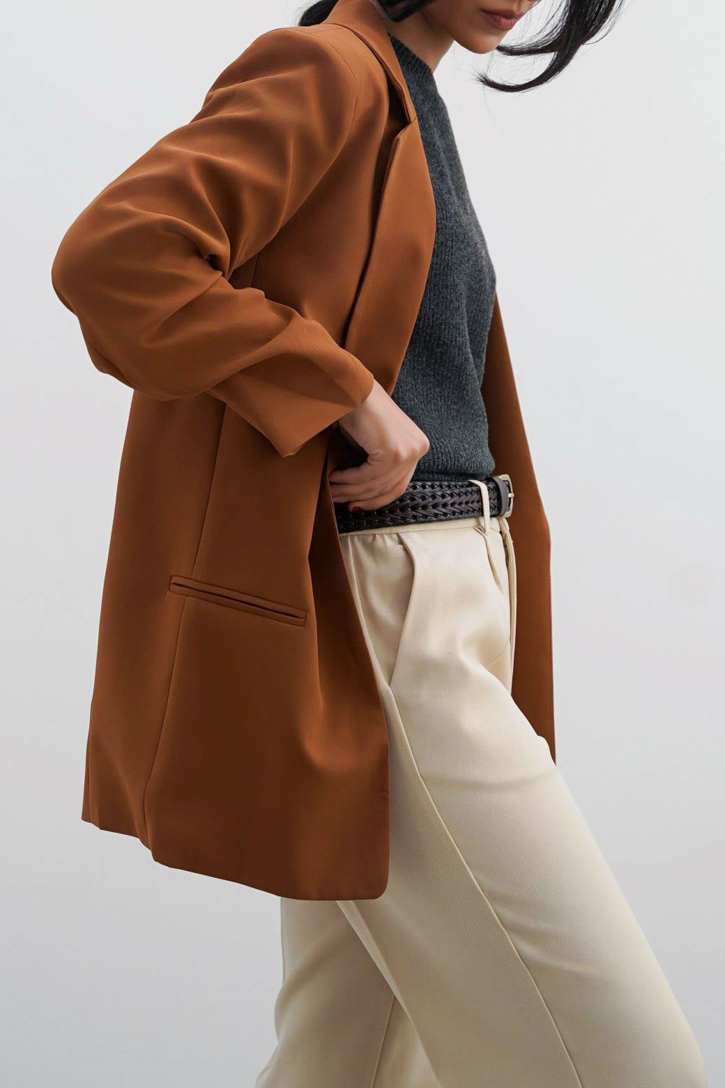 Basic Brown Jilpop Blazer With Ruched Sleeve