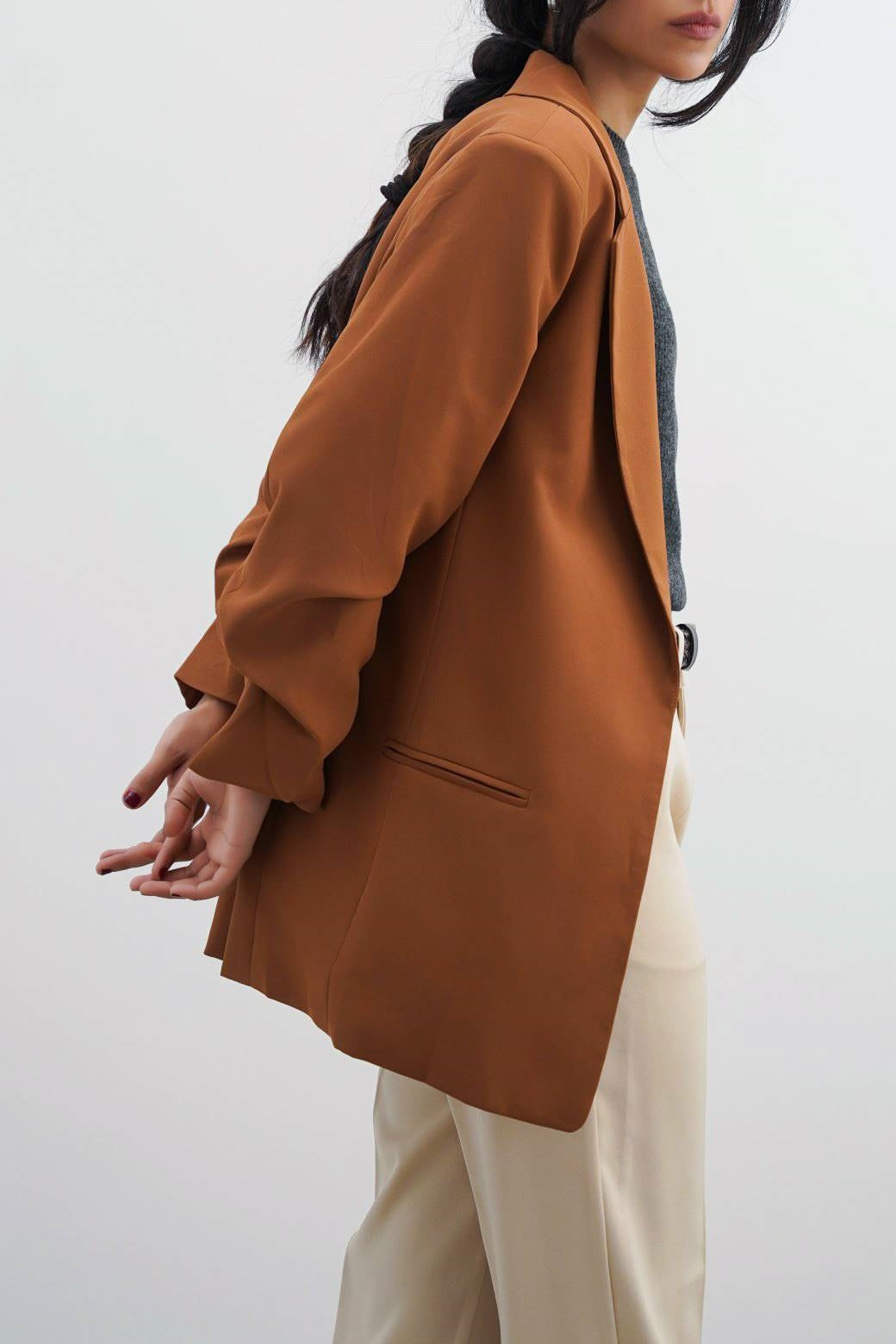 Basic Brown Jilpop Blazer With Ruched Sleeve