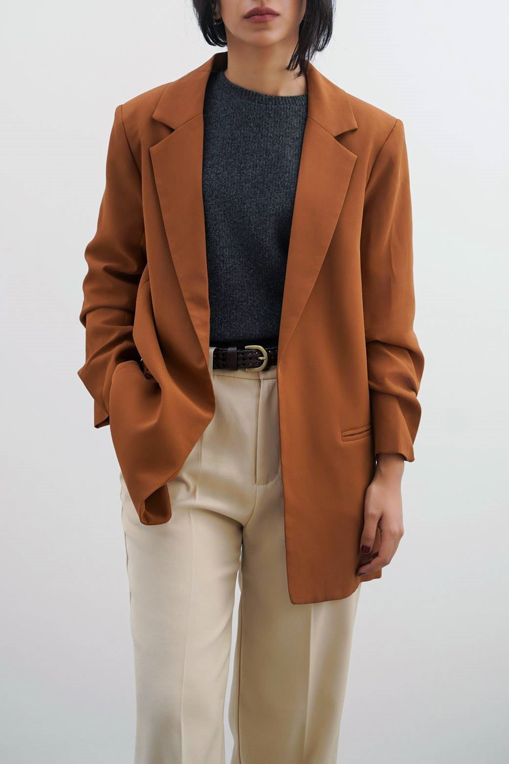 Basic Brown Jilpop Blazer With Ruched Sleeve